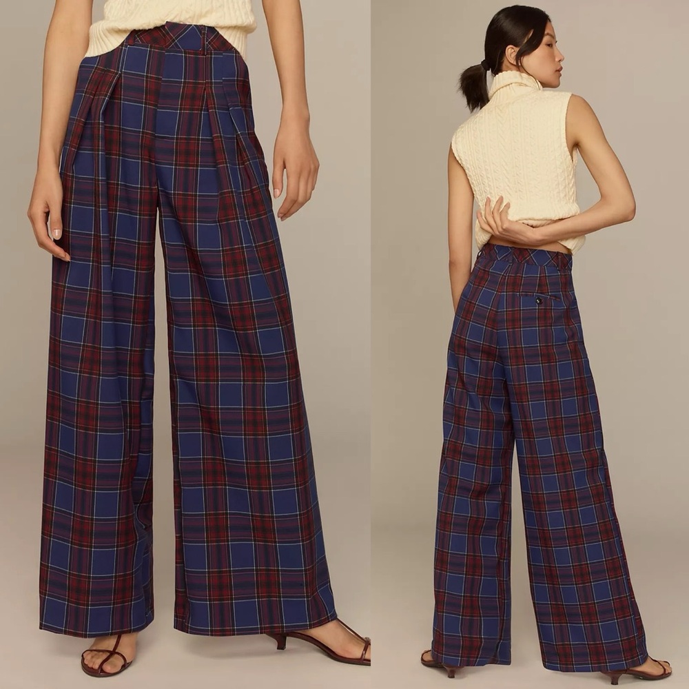 Maeve Wide-Leg Plaid Trousers in Navy and Burgundy